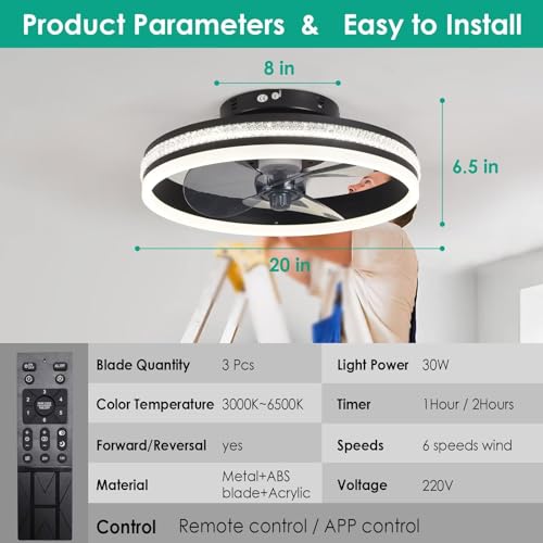 AHWEKR Quiet Ceiling Fans with Lights Remote Control, Modern Lighting Fan Ceiling Light LED Dimmable Ceiling Fan Lamps for Bedroom Living Room, Fan Reversible and 6 Speeds (Black, 40CM)