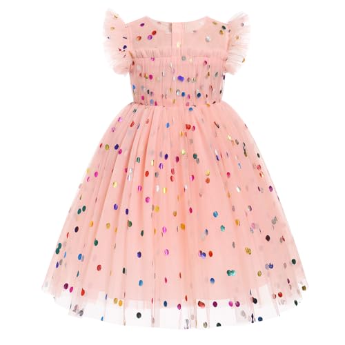 IMEKIS Toddler Girl Sparkle Confetti Birthday Princess Dress Ruffle Sleeve Party Formal Dresses 1-6T