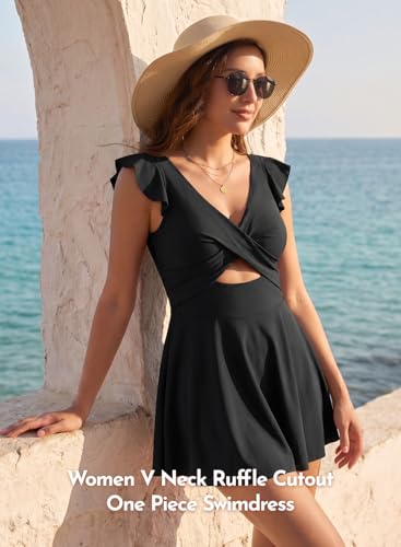 Image of Aleumdr Women's One Piece Swimsuit Ruffle Cutout Swimdress Tummy Control V Neck Wrap Swimwear