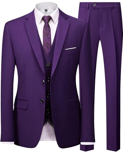 Mens 3 Pieces Suit Set Solid Two Button Slim Fit Party Prom Business Wedding Jacket Blazer Vest Pants with Tie Dark Purple