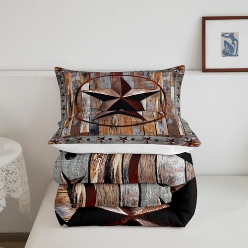 Image of Western Texas Star Comforter Rustic Wood Grain Comforter Set for Boys Girls Children Rustic Farmhouse Bedding Set Vintage Style Duvet Set Room Decor Quilt Set Queen Size
