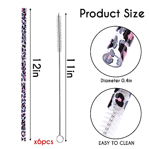 AIERSA 6 Pack Leopard Straw Replacement 40oz for Stanley,Plastic Reusable Straw for Stanley Adventure Quencher Travel Tumbler,Long Straws with Cleaning Brush for Stanley Cup Accessories