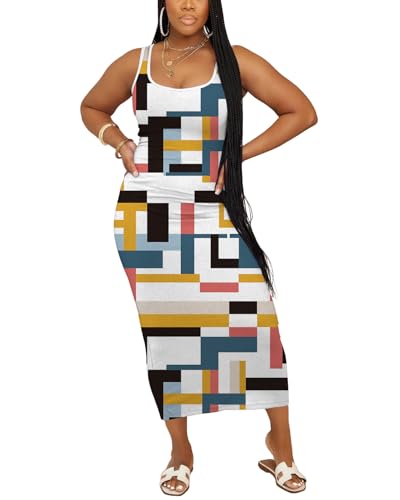 Image of Women Casual Summer Tank Top Dress Ribbed Bodycon Midi Sleeveless Sundress Sundress Basic Slim Fitted Pencil Dresses