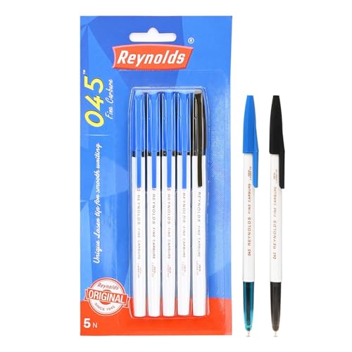 Reynolds Lot de 5 stylos à bille 045 (4 bleus et 1 noir) | Prise en main confortable | Pour étudiants et papeterie de bureau | Pointe de 0,7 mm