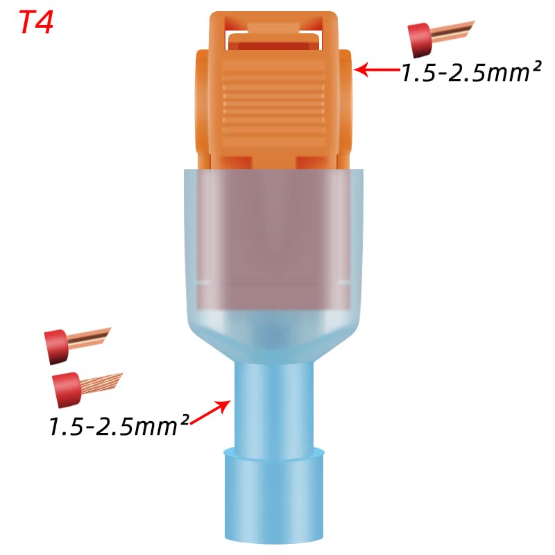 T-Tap Wire Connector,30/50 /100 Pairs Self-Peeling Quick Terminal Blocks, Insulated External Thread Disconnected Spade Shape(T4 OG-BU,30pair)