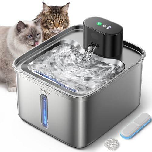 Zellar Wireless Cat Water Fountain 99oz/2.8L Pump-Free Ultra-Quiet Pet Water Dispenser 304 Stainless Steel with Multi-Layer Filtration 3 Smart Modes & Motion Sensor Fountain for Cats/Dogs