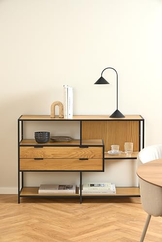 Estantería con estructura de acero negro mate y 2 cajones Jörn de roble 3