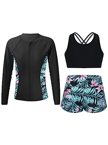 Linjinx Kids Girls 3-Piece Long Sleeve Rash Guard Sets Floral Tankini Bikini with UPF 50+ Zip Rushguard Shirt Swimwear