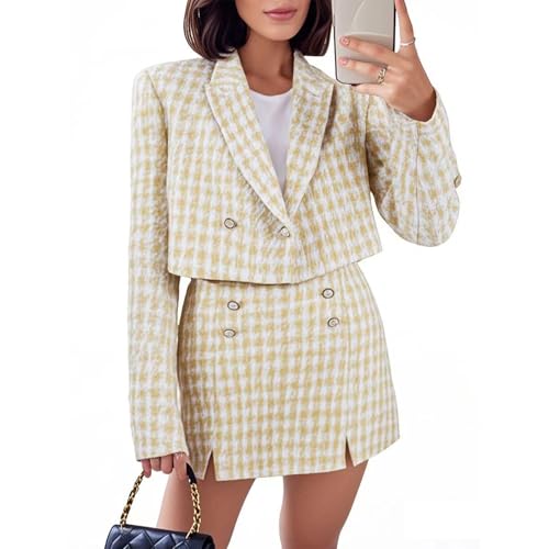 Women's Cropped Tweed Blazer Skirt Set Elegant Tailored Suit for Office Formal Occasions Khaki