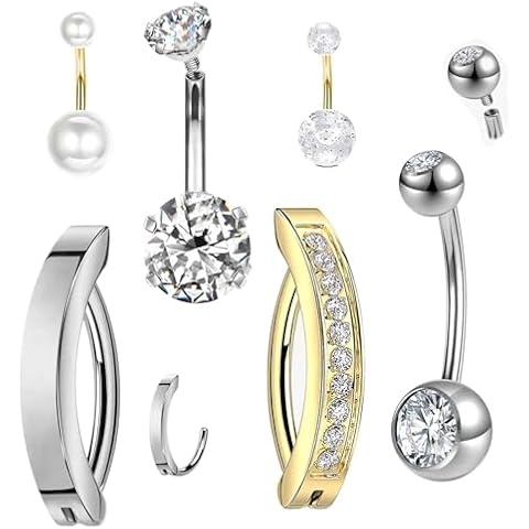 TIANCI FBYJS G23 Titanium Belly Button Rings CZ Round Cubic Zirconia Internally Threaded Clicker Hoop Gold Belly Ring 14G Hypoallergenic Belly Button Piercing For Women Navel Piercing Jewelry Pack Cover