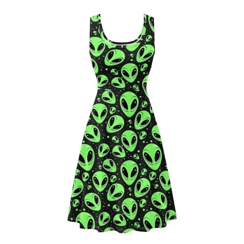 PrelerDIY 80s 90s Neon Green Alien UFO Womens Sleeveless Crew Neck Dresses Beach A-Line Dress Casual Party Flared Sundress Plus Size XS-4XL with Pockets L
