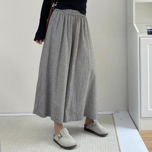 Japanese plaid skirt pantswomen's artistic retro plaid cotton linen skirt pantsloose oversized casual pants2
