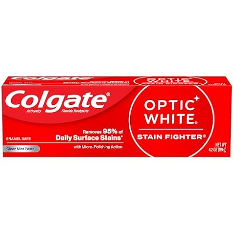 Colgate Optic White Stain Fighter Whitening Toothpaste, Clean Mint Flavor, Safely Removes Surface Stains, Enamel-Safe for Daily Use, Teeth Whitening Toothpaste with Fluoride, 4.2 Oz Tube Cover