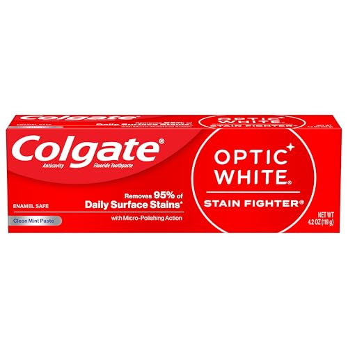 Colgate Optic White Stain Fighter Teeth Whitening Toothpaste, Anticavity Fluoride Toothpaste for Whitening Teeth, Helps Remove Daily Surface Stains, Clean Mint Paste, 4.2 oz