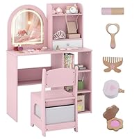 Maxmass Kids Dressing Table and Chair, Children Vanity Table Set with 3-Color LED Lights Mirror, Fabric Drawer, Storage Shelves, Toddler Makeup Desk Stool Princess Dresser for Girls (Pink)