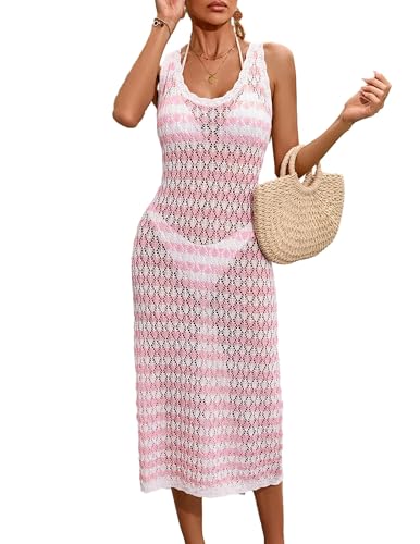 Womens Crochet Knit Beach Bikini Stripted Cover Up Dress Summer Sleeveless 2025 Bathing Suit Coverups Dresses
