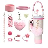 Accessoires Compatible Avec Stanley Cup 10 Pièces Incluant Poignée, Couvercles Paille, Bouchons Anti-Fuite, Pendentif Cœur et Base Silicone, Compatible 1.2L/850ml Résistant aux UV, Rose