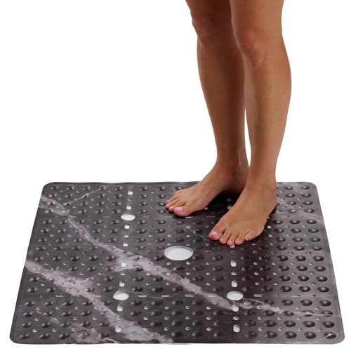 Image of ENKOSI Square Shower Mat 27x27 inch - Anti Slip Shower Stall Floor Mat - Non Slip Shower Mats with Strong Secure Suction Cups and Drain Holes in Middle (27x27 Marble Black)