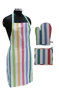 Oasis Home Collection Cotton Kitchen Linen Apron,Glove and Pot Holder Set - Multi Color Stripe (Pack of 3)