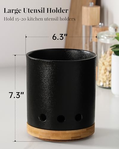 Image of LoeJan 360 Rotating Ceramic Utensil Holder for Kitchen Countertop - Cooking Utensil Crock Organizer with Non-Slip Cork Base for Farmhouse Kitchen Decor, Textured Black