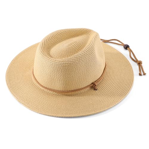 Image of Home Prefer UPF50+ Men's Wide Brim Straw Fedora Sun Hat with Badge Lanyard