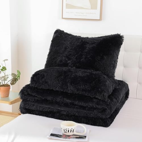 Smoofy Fluffy Full Size Comforter Set, Faux Fur Comforter Set, Luxury Fuzzy Bedding Set, Soft Shaggy Full Bed Set for All Season, 3 Pieces - 1 Comforter & 2 Pillowcases, Black