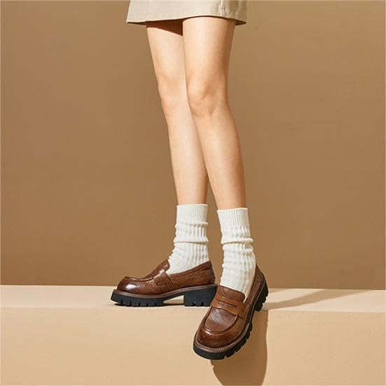 BEAU TODAY Platform Loafers for Women, Women’s Chunky Leather Loafers, Slip-on Lug Sole Penny Loafers Comfortable Business Casual Office Non Slip Round Toe Ladies Dress Shoes Brown US 8.5 - Image 2