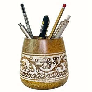Mie Creations Designer Pencil Holder for Desk Wood | Paintbrush Holder Cup, Desk Accessories, Cute Make Up Brush Organizers | Office Desktop, Wooden Pen Stand | Stationary, Art Supplies | White-4”