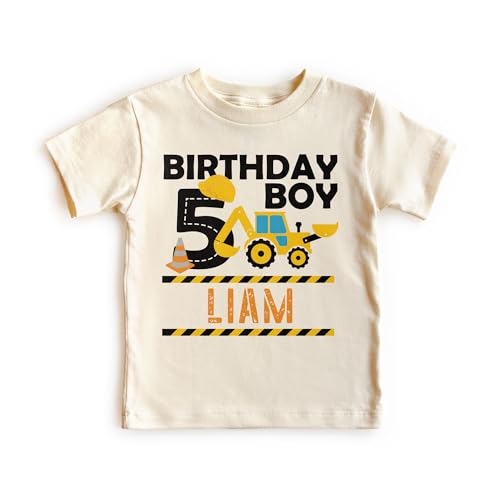 Custom 5th Birthday Boy Toddler Shirt - Personalized Kids Name I'm Five 5 Years Old Construction Zone Backhoe Tractor Digger Outfit - Natural Toddler & Youth Boys Graphic Tee