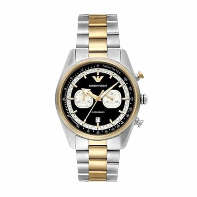 Emporio Armani Orologio per uomo, Movimento cronografo al quarzo a 2 quadranti secondari e cassa da 42 mm con cinturino in acciaio, 42 mm, Argento e oro