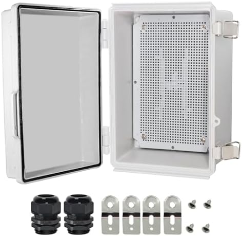 Zulkit Junction Box,IP67 Waterproof Electrical Box Hinged Cover Stainless Steel Latch Plastic Enclosure for Project w Mounting Plate Wall Bracket and 2 Cable Gland Grey 11"x7.5"x5.5"/280x190x140mm