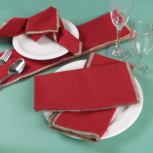 Image of FINGERCRAFT 100% Cotton Cloth Napkins Set of 6, 20 x 20 Inch Reusable Table Napkins with Golden Trim Lace, Mitered Corners, Dining Table Linen for Wedding, Festive, Restaurant & Home Use (Tango Red)