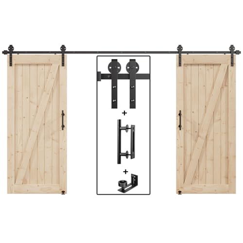 Image of EaseLife 14FT Double Door Sliding Barn Door Hardware Track Kit & Handle,Big Industrial Spoke Wheel,Wall Mount,Slide Smoothly Quietly,Easy Install,Black,168 inch Track Fit for 80-82 inch Wide Opening (No Door)