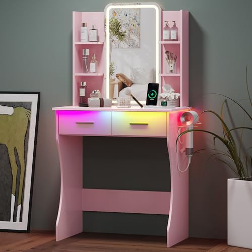 Image of HUANLEGO Small Pink Vanity Desk with Mirror and Lights for Women Girls | Vanity Mirror with Lights, 3 Lighting Adjustable, LED Light Strips, Built-in Power Outlet, Compact Dressing Table For Girls
