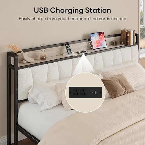 Image of LIKIMIO King Size Bed Frames, Boucle Storage Headboard with Charging Station, Solid and Stable, Noise Free, No Box Spring Needed, Easy Assembly
