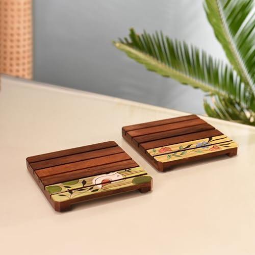 Image of Nature Motif Wooden Slatted Coasters (Set of 2) ? Heat Resistant, Non-Slip Drink Coasters for Coffee, Tea, and Glassware ? Rustic Eco-Friendly Table Decor