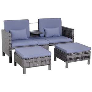 Outsunny 3-TLG. Gartensofa Gartenmöbel Lounge Gartenset Rattenmöbel Sitzgruppe Grau Polyrattan + Metall 2er-Sofa 2 x Hocker Kissen