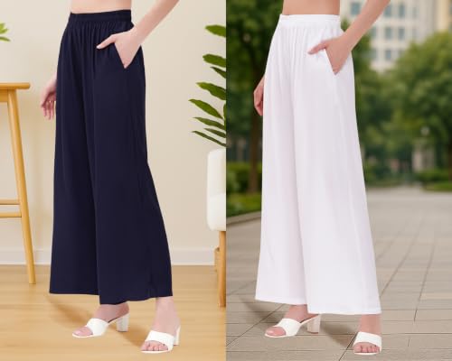 Image of Buy That Trendz Palazzo Pants for Women Rayon Elasticated Regular Fit Flared Wide Leg M to 6XL Pack of 2