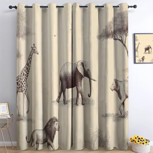 Cortinas Opacas Termicas Aislantes Frio y Calor de Casa Cortina 100% Blackout Dibujos A Mano Patrones De Animales Salvajes, Acustica con Ojales para Salon Dormitorio 2 Piezas, Beige, 140x 175 cm
