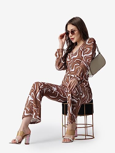 Image of POPWINGS Casual Brown Marble Printed Crop Top and Trouser Set for Women | Co-Ords Set for Women Stylish Western | Full Sleeves V-Neck Crop Top and Bootcut Trouser Set | 2 Piece Set for Women