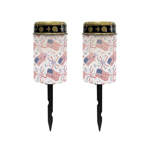 Image of Poceacles American Flag Fireworks Print Cemetery Candle Grave Lights Outdoor Waterproof Decoration Pathway Lights Garden Solar Candle for American 250th Independence Day Decor, Pack of 2