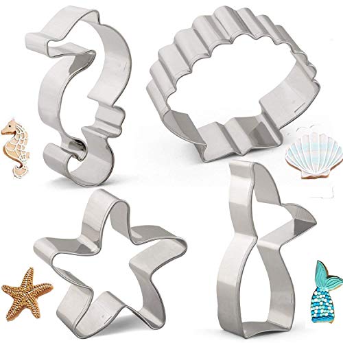 Under Sea Creature Cookie Cutters Set Mould - 4 PCS - Mermaid Tail/Whale Tail, Seahorse, Starfish and Seashell Shape - Stainless Steel