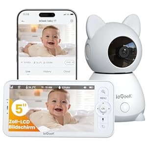 ieGeek 2K-Babyphone mit Kamera und Nachtsicht, 5-Zoll-WLAN-Video-Babyfon, Gegensprechfunktion, Schrei-/Bewegungserkennung, Temperaturerkennung, PTZ, Mobile App