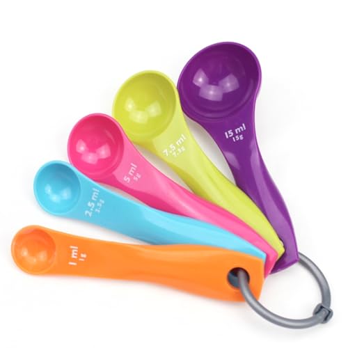 JEXOWIQ Set cucchiaini dosatori - 5 cucchiai dosatori colorati con diverse capacità,misurini cucina,cucchiai dosatori in plastica per strumenti dosatori per liquidi e polveri