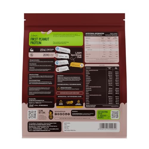 Image of Alpino Supernatural Peanut Protein Powder, Thandai Fusion, 27g Protein per Scoop, 5.9g BCAAs, 0 Added Sugar, 1kg
