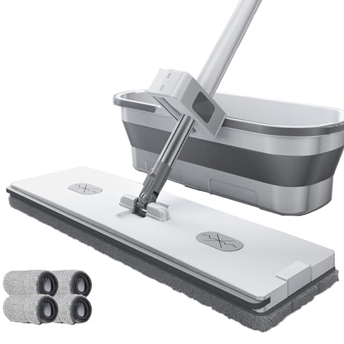 Juego de fregona plana y cubo, fregona giratoria de 360° con raspador de deshidratación y almohadillas de microfibra lavables para limpiar suelos de madera, laminados y azulejos, 8 piezas