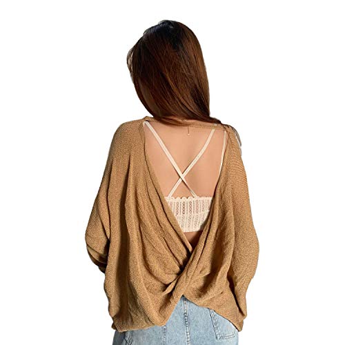 JINGSHOW Bussiness Backless Sexy Long Sleeve Casual Loose Blouse Pullover Tunic Tops Knit Sweater Women Spring Clothing (Khaki, Medium)