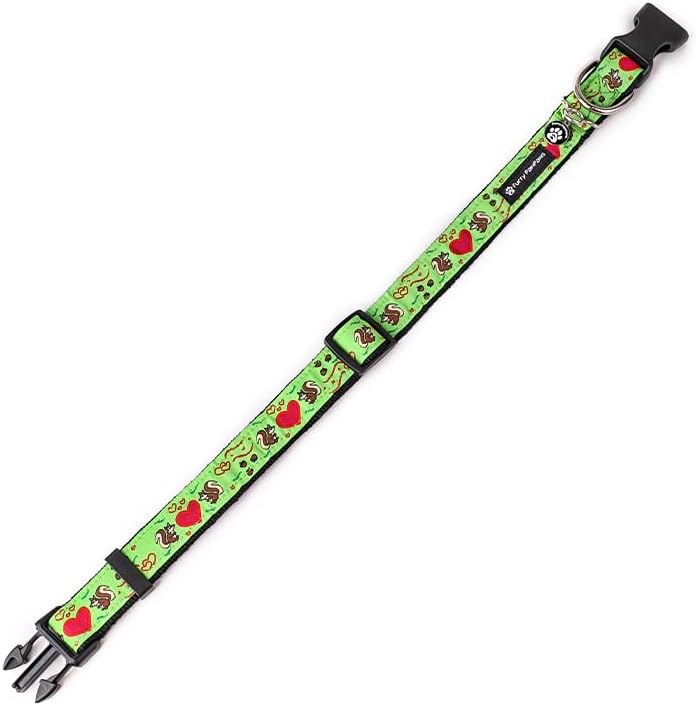 Squirrel Dog Collar by Furry PawPaws - Black and Green Squirrel Dog Collar with a Unique Tag Ring for Tags, Pendants and Accessories Suitable for Walking, Training, Running (Small)