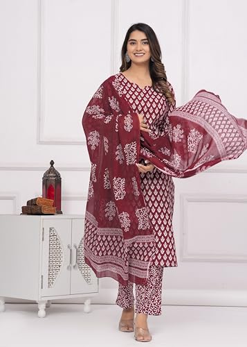 MEERA FAB Women's Cotton Printed Straight Kurta with Palazzo & Dupatta Set