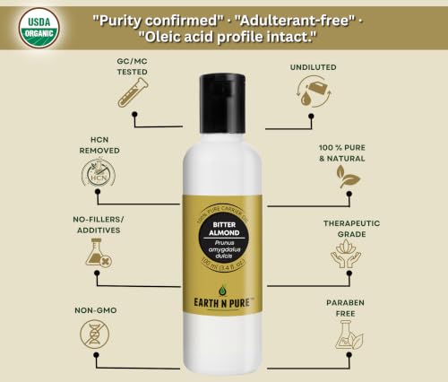 Image of Earth N Pure Bitter Almond Oil for Skin Care, Hair Care & Massage | for DIY, Aromatherapy & Beauty Use | Premium Quality, Cold Pressed, Multi-Purpose Oil 100ml
